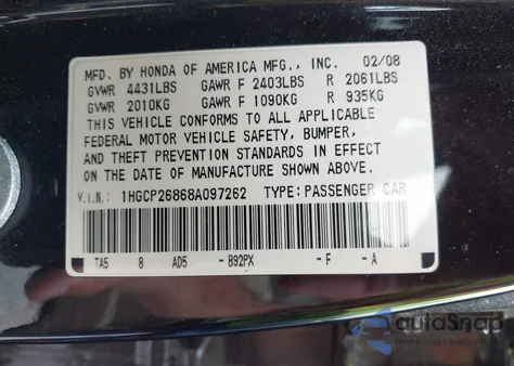 2008 Honda Accord 2.4 Ex-L from USA, damaged, VIN 1HGCP26868A097262